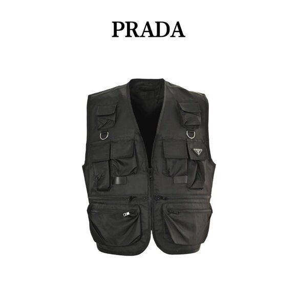 PRADA Men's Logo Label Pocket V-Neck Zipper Casual Vest Black M - Picture 1 of 9